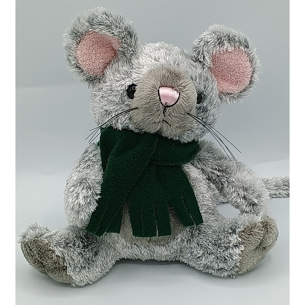 7" Living Playful Grey Gray Pink BEANBAG Plush Mouse w/ Green Scarf B4